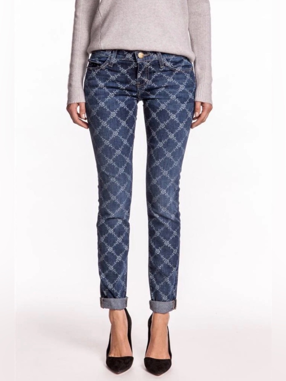 Current Elliott Indigo Rose Lattice rolled skinny jean size 27